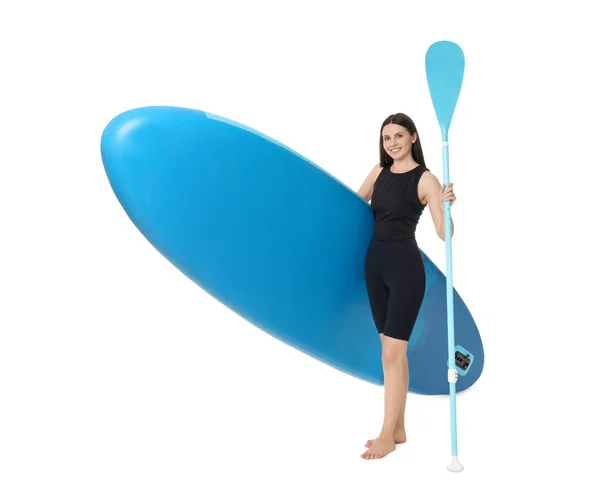 Glückliche Frau Mit Blauem Sup Board Und Paddel Auf Weißem — Stockfoto