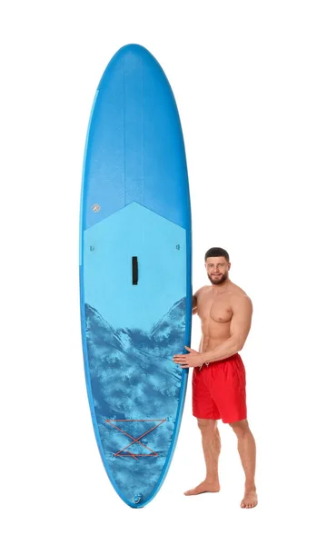 Schöner Mann Mit Blauem Sup Board Auf Weißem Hintergrund — Stockfoto