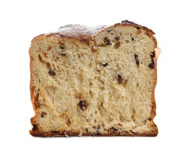 Beyaz arka planda pudra şekerli leziz Panettone kekinin yarısı. Geleneksel İtalyan pastası
