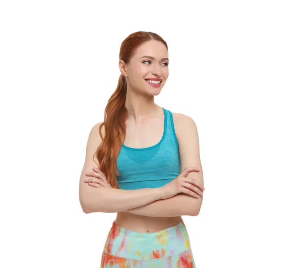 Beyaz Arka Planda Spor Giyinen Genç Bir Kadın — Stok fotoğraf