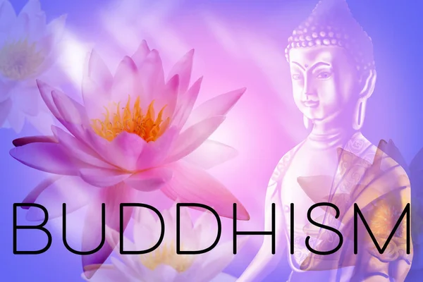 Budismo Dupla Exposição Flores Lótus Figura Buda — Fotografia de Stock