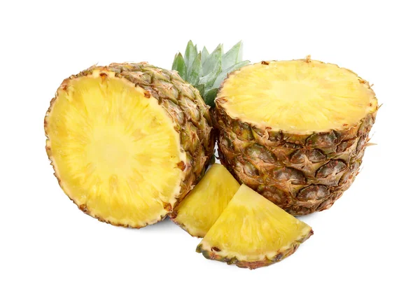 Snijd Smakelijke Rijpe Ananas Geïsoleerd Wit — Stockfoto