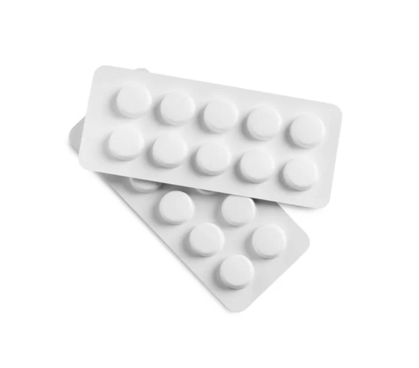 Plaquettes Thermoformées Pilules Sur Fond Blanc Vue Dessus — Photo