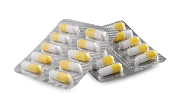 Blasen Mit Pillen Auf Weißem Hintergrund Medizinische Behandlung — Stockfoto