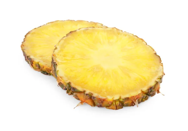 Scheiben Leckerer Reifer Ananas Isoliert Auf Weiß — Stockfoto