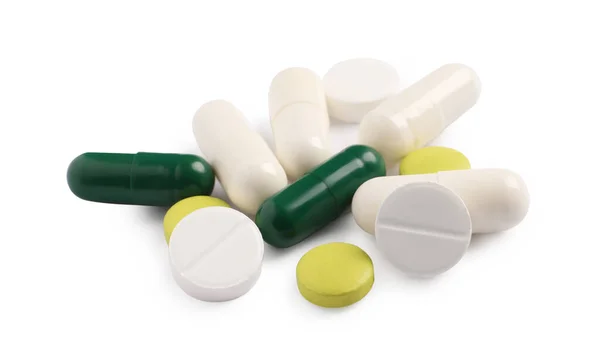 Sok Különböző Pirula Elszigetelt Fehér Gyógyszeres Kezelés — Stock Fotó