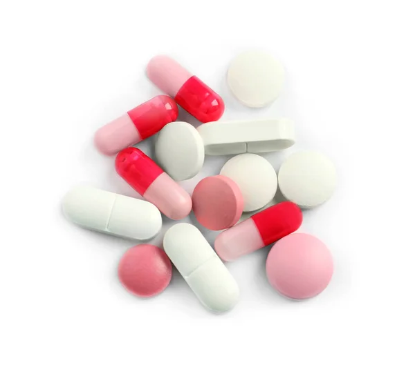 Mnoho Různých Pilulek Izolovaných Bílém Horní Pohled — Stock fotografie