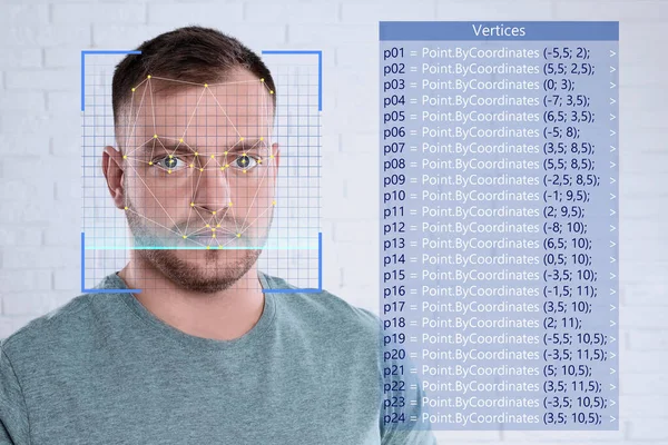 Sistema Reconhecimento Facial Homem Com Quadro Scanner Grade Biométrica Digital — Fotografia de Stock