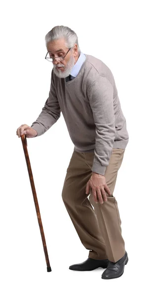 Уставший Пожилой Человек Тростью Белом Фоне — стоковое фото