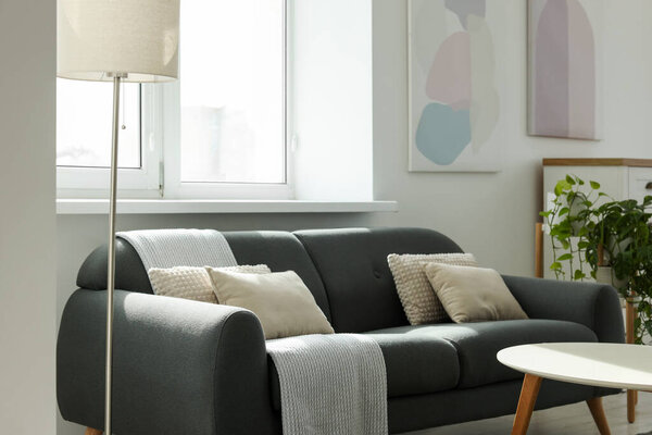 Gray couch with pillows, white coffee table and lamp in living room