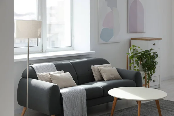 Graue Couch Mit Kissen Weißem Couchtisch Und Lampe Wohnzimmer — Stockfoto