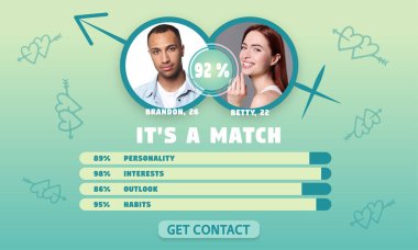 Ruh eşi eşleşmesi. Muhtemel çift ve veri fotoğraflarıyla randevu sitesi arayüzü