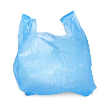 Bir açık mavi plastik çanta beyaza izole edilmiş.