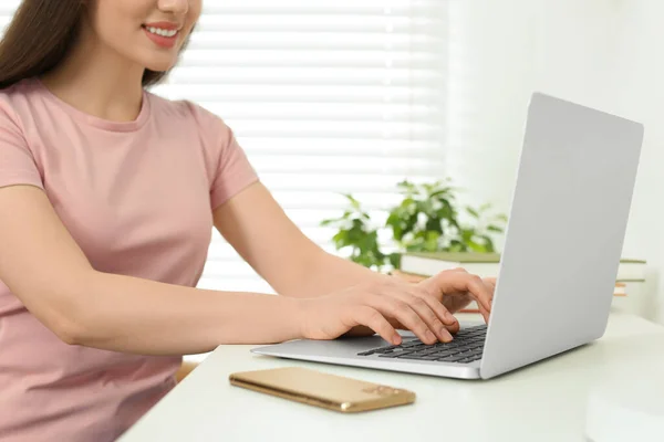 Home Workplace Woman Typing Laptop White Desk Indoors Closeup — Fotografia de Stock