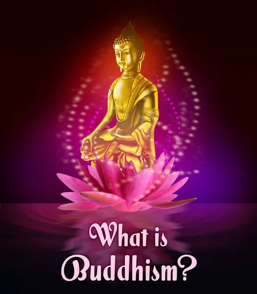 Фигура Будды Цветке Лотоса Воде Тексте Такое Буддизм — стоковое фото