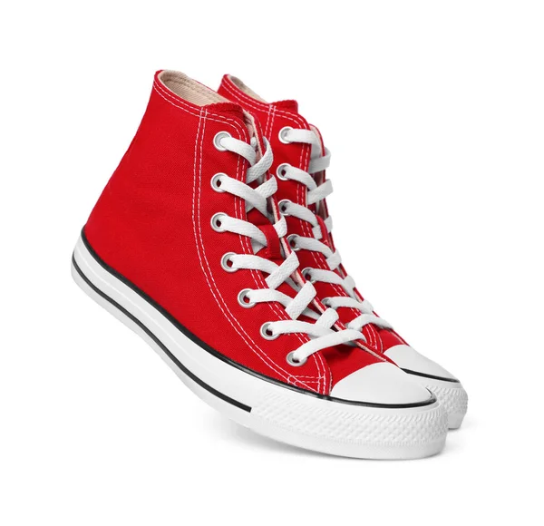 Pair New Red Stylish High Top Plimsolls White Background — Stock fotografie