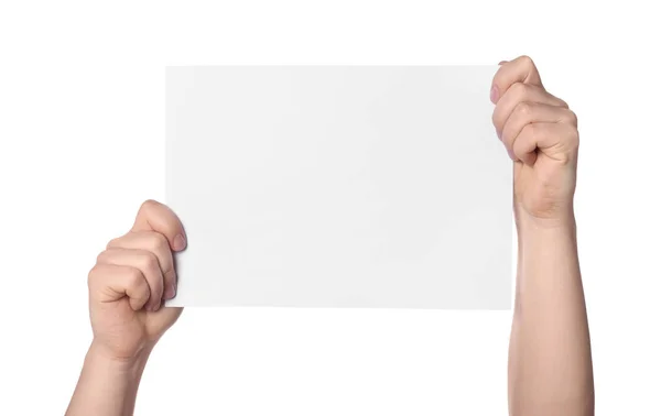 Woman Holding Sheet Paper White Background Closeup Mockup Design — Stock Photo, Image