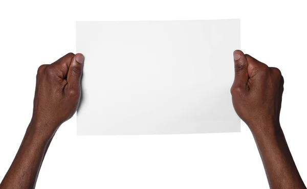 Αφρο Αμερικάνος Κρατάει Χαρτί Λευκό Φόντο Κοντινό Πλάνο Mockup Για — Φωτογραφία Αρχείου