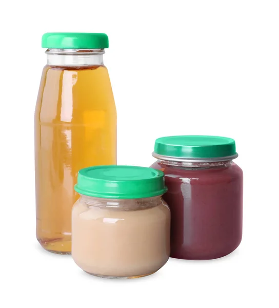 Healthy Baby Food Bottle Juice Light Grey Background — Stock Photo, Image