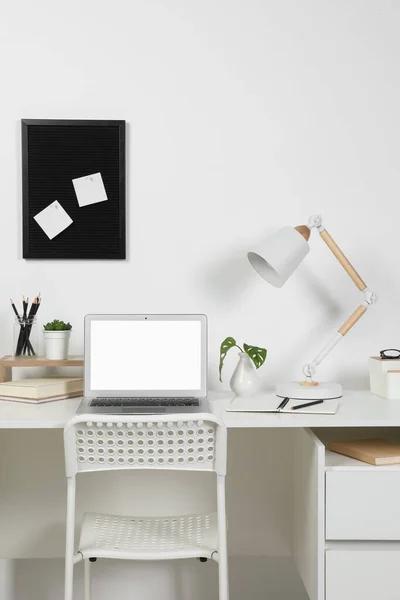 Cozy Workspace Laptop Lamp Stationery Wooden Desk Home — Stock Photo, Image
