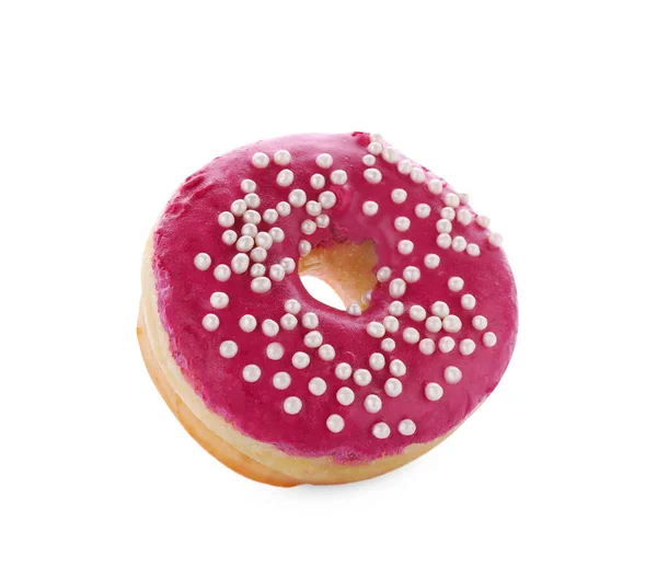 Donut Glacé Savoureux Décoré Avec Des Aspersions Sur Fond Blanc — Photo