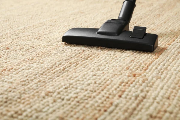 Removing Dirt Beige Carpet Modern Vacuum Cleaner Closeup Space Text — Stock Photo, Image
