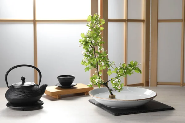 Stylová Ikebana Jako Výzdoba Domu Krásná Svěží Větev Čaj Set — Stock fotografie