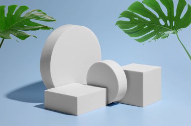 Ürün sunumu için sahne. Beyaz geometrik şekiller ve açık mavi arkaplanda parlak yeşil yapraklar