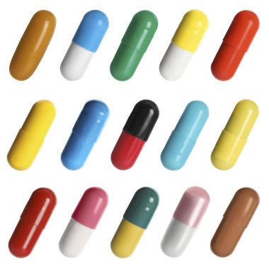 Beyaza izole edilmiş farklı haplar.