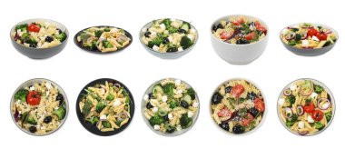 Beyaz, üstten ve yandan izole edilmiş farklı makarna tabakları.