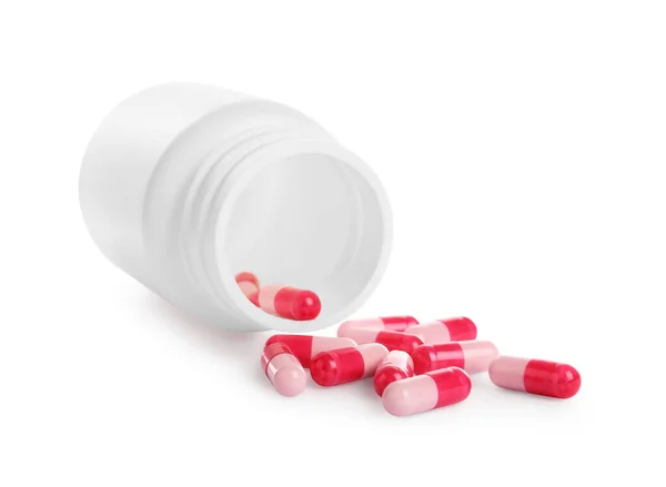 Lékařská Láhev Růžové Pilulky Bílém Pozadí — Stock fotografie