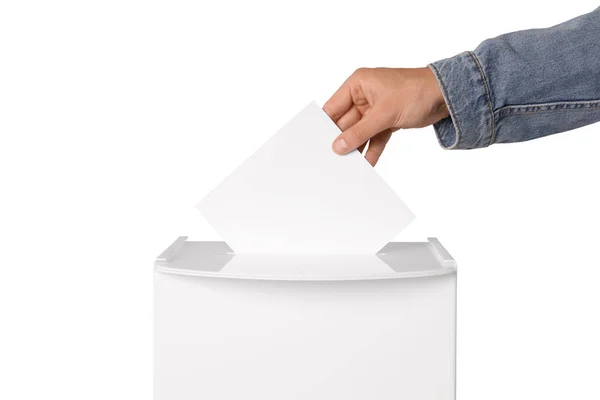 Uomo Che Mette Suo Voto Nelle Urne Sfondo Bianco Primo — Foto Stock