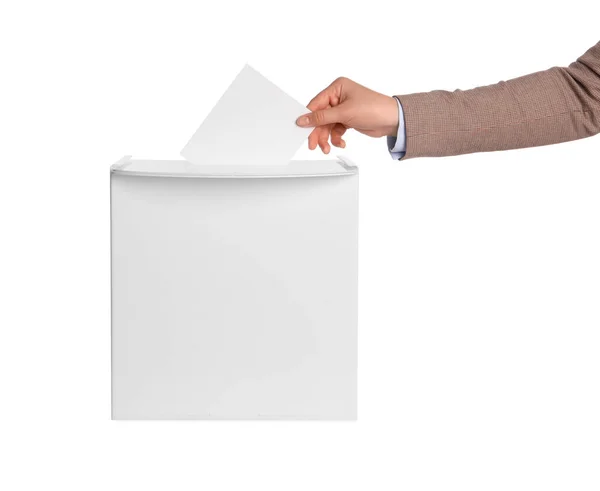 Mulher Colocando Seu Voto Urna Fundo Branco Close — Fotografia de Stock