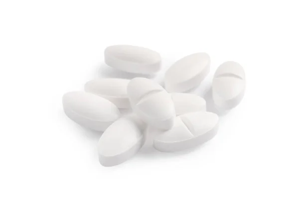 Muitas Pílulas Isoladas Branco Tratamento Medicamentoso — Fotografia de Stock