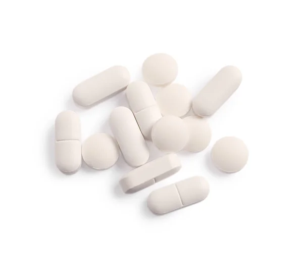 Mnoho Pilulek Izolovaných Bílém Horní Pohled — Stock fotografie