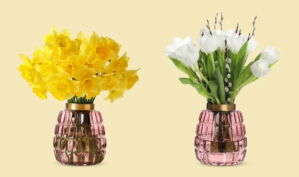 Colagem Vaso Elegante Com Diferentes Buquês Fundo Amarelo Pálido — Fotografia de Stock
