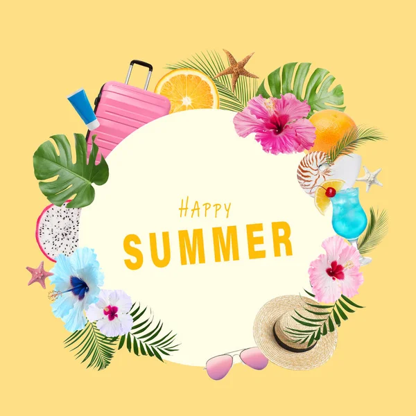 Phrase Happy Summer Frame Different Beach Accessories Green Leaves Flowers — Stock Photo, Image