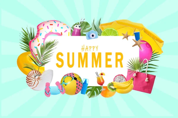 Phrase Happy Summer Frame Different Beach Accessories Green Leaves Fruits — Stock Photo, Image