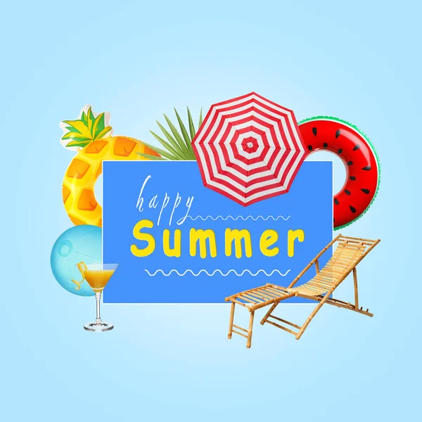 ライトブルーの背景に異なるビーチアクセサリー デッキチェア カクテルを備えたハッピーな夏を祝います コラージュデザイン — ストック写真