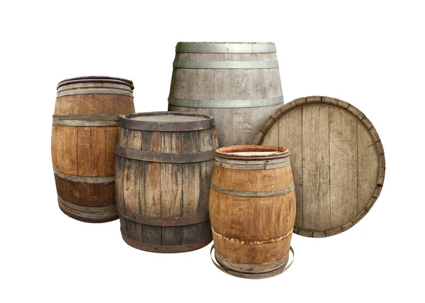 Many Different Wooden Barrels White Background — Stock Photo, Image