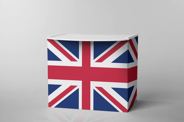 Ballot box decorated with flag of United Kingdom on light background