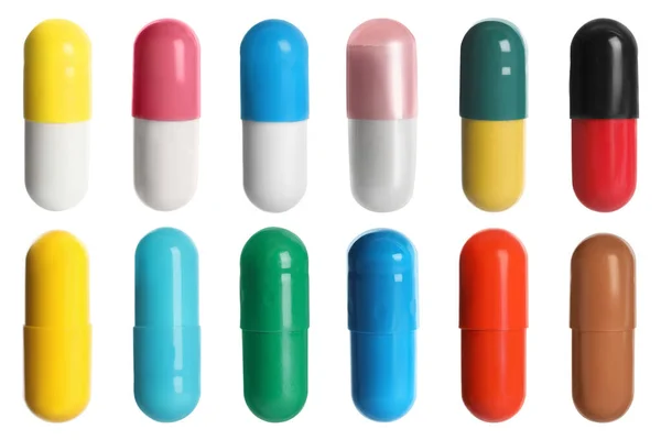 Állítsa Különböző Tabletták Izolált Fehér — Stock Fotó
