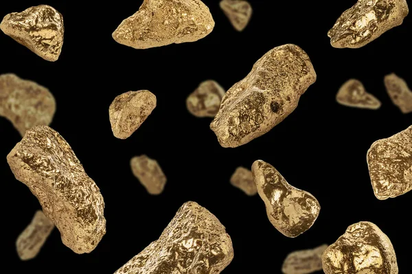 Many gold nuggets falling on black background