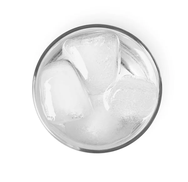 Vaso Agua Soda Con Cubitos Hielo Aislados Blanco Vista Superior — Foto de Stock
