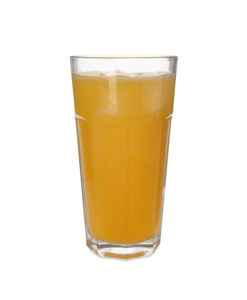 Bicchiere Acqua Gassata Arancione Con Cubetti Ghiaccio Isolati Bianco — Foto Stock