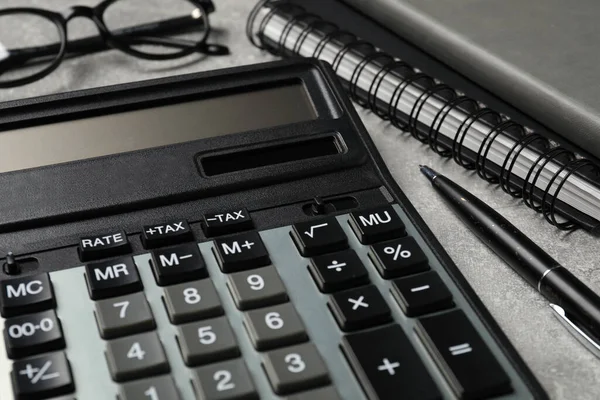 Calculator Office Stationery Grey Table Closeup — Stock Photo, Image