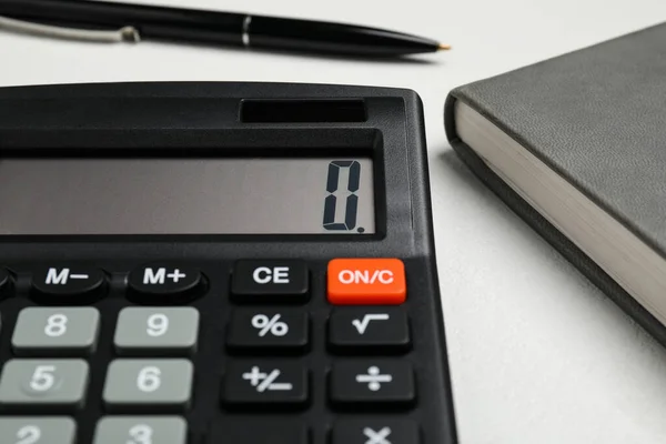 Calculator Office Stationery White Table Closeup — Stock Photo, Image