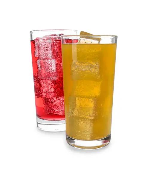 Glasses Different Refreshing Soda Water Ice Cubes Isolated White — Stock Photo, Image