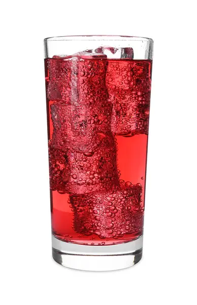Glas Erfrischendes Sodawasser Mit Eiswürfeln Isoliert Auf Weiß — Stockfoto