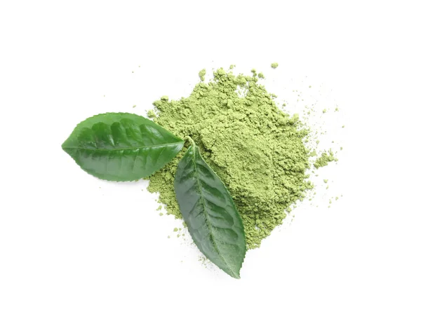 Pile Green Matcha Powder Fresh Leaves Isolated White Top View — Stock Photo, Image